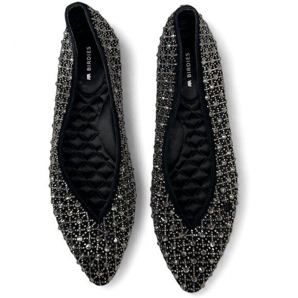 Birdies Shoes - Birdies Women's Goldfinch Pointed Toe Suede Ballet Flat in Pewter Crystal 8.5